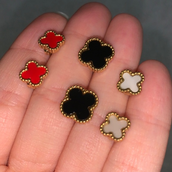 3 Gold Clover Earring Set (Red, Black, and Opal) - Picture 4 of 17